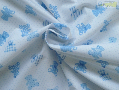 bílá bavlněná látka 20 modří medvídci s puntíky