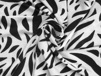 bílé hedvábí 3320 černý  vzor s listy