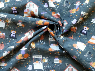 Halloweenský bavlněný popelín s motivem strašidel